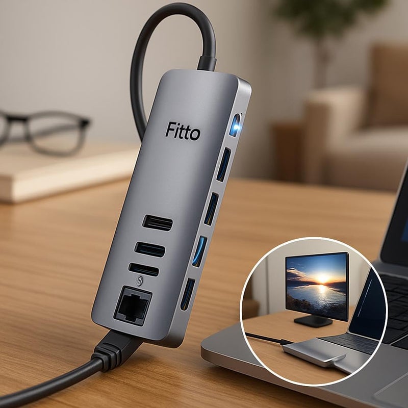 Fitto 8 in 1 USB C Hub, Type C to HDTV, R345, TF/SD, USBx2, PD, Type C - Image 3