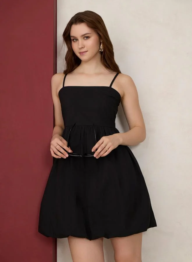 Outzidr  Black Solid Bubble Hem Mini Dress for Women | Best Price UAE