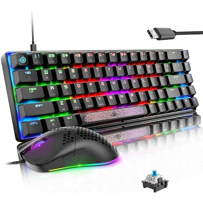 rayihni 65% PC MECHANICAL GAMING KEYBOARD AND MOUSE KIT 12000 DPI HONEYCOMB BREATHABLE RGB LED USB TYPE C WITH WIRE BACKLIT BLUE SWITCH DETACHABLE QWERTY FOR GAMER WINDOWS MAC (BLACK+BLUE SWITCH) - Image 1