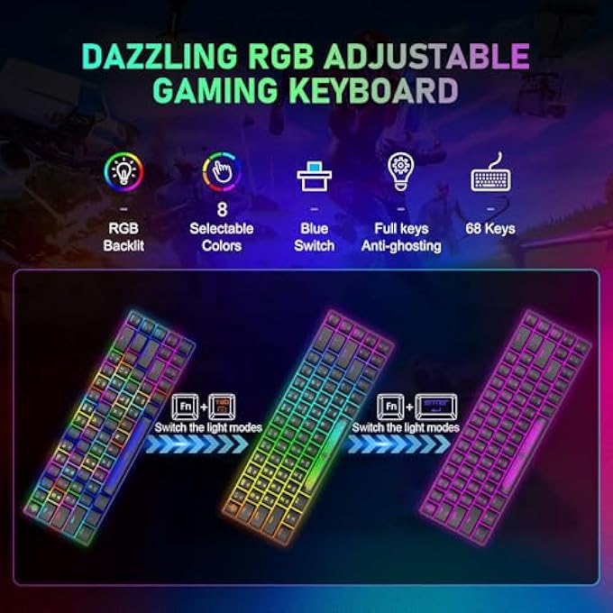 rayihni 65% PC MECHANICAL GAMING KEYBOARD AND MOUSE KIT 12000 DPI HONEYCOMB BREATHABLE RGB LED USB TYPE C WITH WIRE BACKLIT BLUE SWITCH DETACHABLE QWERTY FOR GAMER WINDOWS MAC (BLACK+BLUE SWITCH) - Image 3