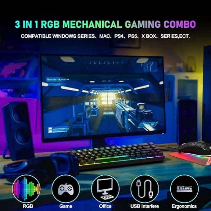rayihni 65% PC MECHANICAL GAMING KEYBOARD AND MOUSE KIT 12000 DPI HONEYCOMB BREATHABLE RGB LED USB TYPE C WITH WIRE BACKLIT BLUE SWITCH DETACHABLE QWERTY FOR GAMER WINDOWS MAC (BLACK+BLUE SWITCH) - Image 2