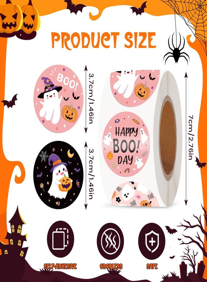 NEWEST 500PCS Halloween Stickers Roll, 1.5inch Round Adhesive Stickers Cute Ghost Decorative Labels Happy Halloween Name Tags for Packaging, Halloween Party Favor Decor, Pink, Black - Image 2