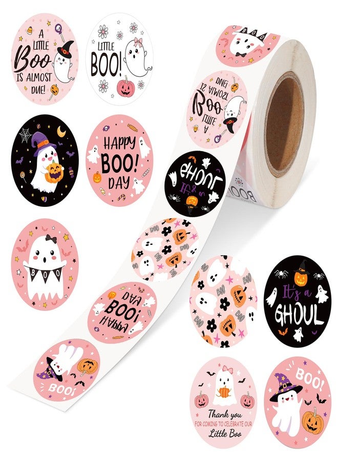 NEWEST 500PCS Halloween Stickers Roll, 1.5inch Round Adhesive Stickers Cute Ghost Decorative Labels Happy Halloween Name Tags for Packaging, Halloween Party Favor Decor, Pink, Black - Image 1