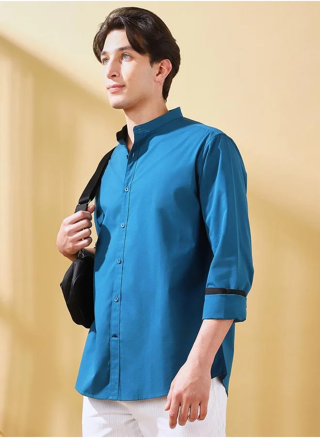 دينيس لينغو Men's Teal Cotton Blend Solid Button Down Regular Fit Shirt