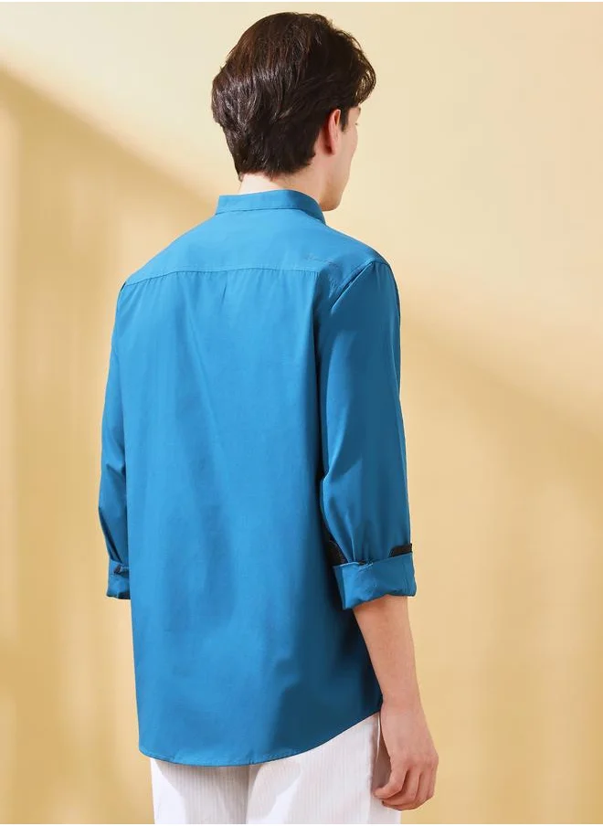 دينيس لينغو Men's Teal Cotton Blend Solid Button Down Regular Fit Shirt