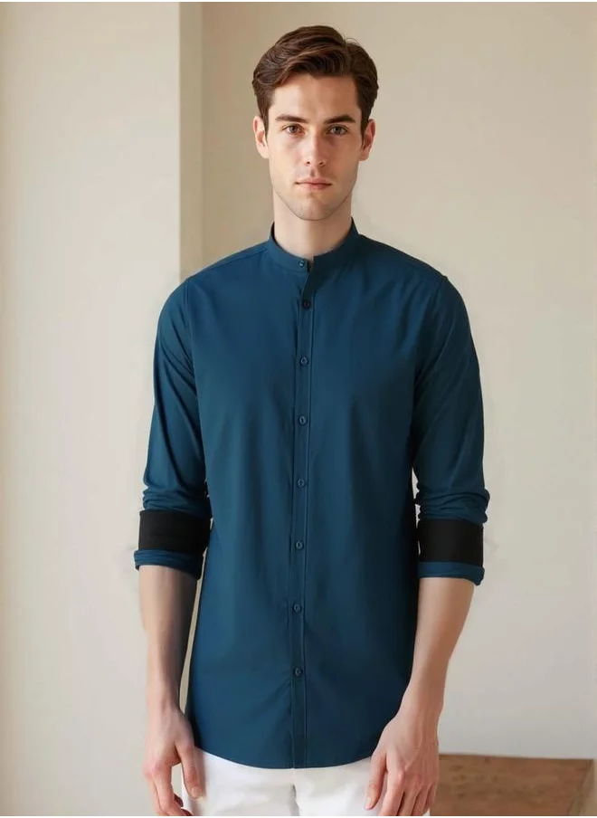 Dennis Lingo Men's Teal Cotton Blend Solid Button Down Regular Fit Shirt