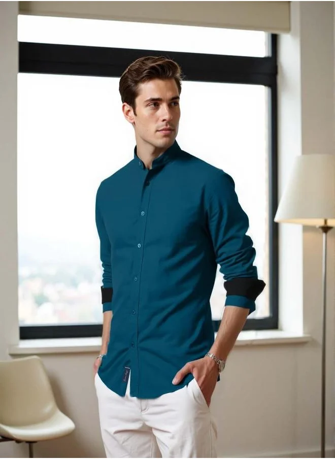 Dennis Lingo Men's Teal Cotton Blend Solid Button Down Regular Fit Shirt
