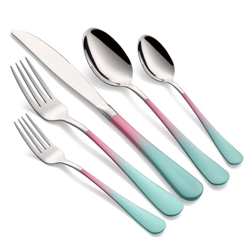 Onlycooker Colorful Silverware Set 20 Piece 18/0 Stainless Steel Flatware Pink and Green Handle Cutlery Set Service for 4 Fork Knife Spoon Set Mirror Finish Dishwasher Safe - Image 1