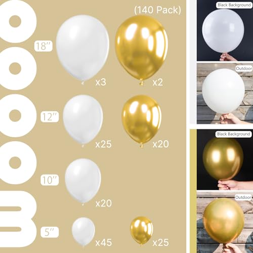 PartyWoo White and Gold Balloons, 140 pcs White and Metallic Gold Balloons Different Sizes Pack of 18 Inch 12 Inch 10 Inch 5 Inch for Balloon Garland or Arch as Birthday Decorations, Party Decorations - Image 2