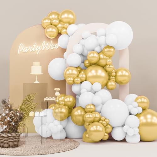 PartyWoo White and Gold Balloons, 140 pcs White and Metallic Gold Balloons Different Sizes Pack of 18 Inch 12 Inch 10 Inch 5 Inch for Balloon Garland or Arch as Birthday Decorations, Party Decorations - Image 1