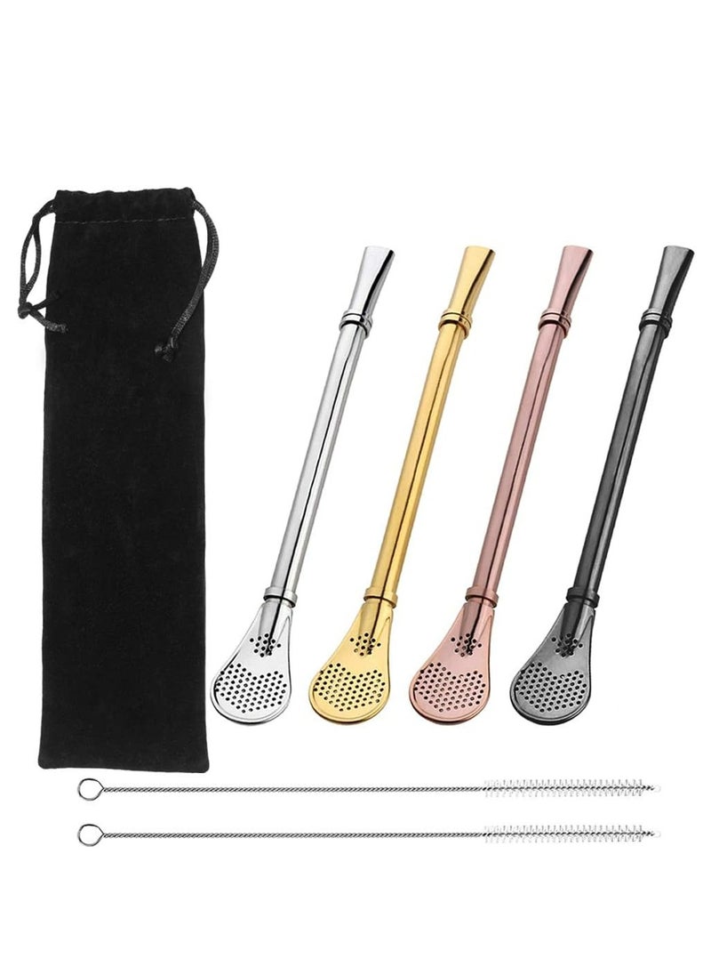 Oasisgalore 4 Pcs Premium Spoons Bombillas Yerba Mate Straw, Drinking Stirring Spoon Head Filter Straws with 2 Cleaning Brushes.  - Image 1