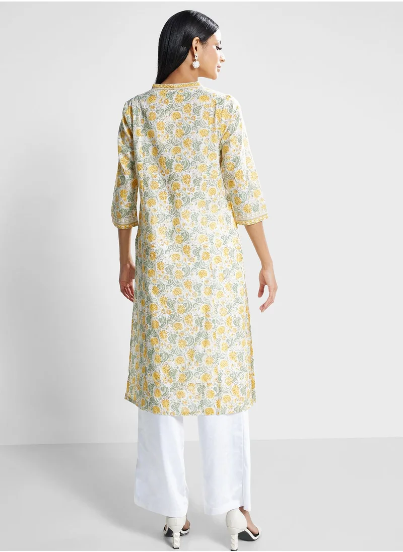 فاب انديا V-Neck Floral Print Kurti