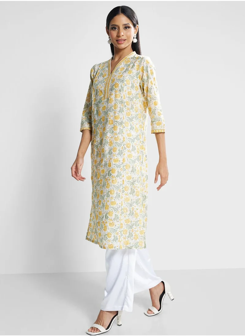 فاب انديا V-Neck Floral Print Kurti