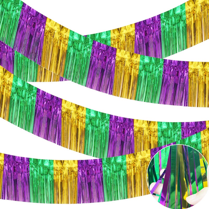 TFengfly 4 Packs Total 39 Ft Mardi Gras Parade Floats for Trailer Car, Green Gold Purple Foil Fringe Garland Tinsel Streamers Banner Table Skirts for Halloween Graduation Homecoming Birthday Party Decor - Image 1