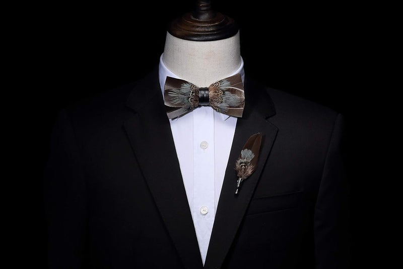 RBOCOTT Handmade Feather Pre-tied Bow tie and Brooch Sets for Men - Image 4