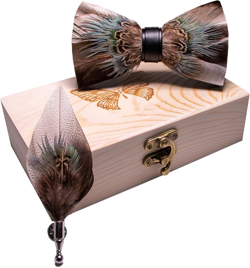 RBOCOTT Handmade Feather Pre-tied Bow tie and Brooch Sets for Men - Image 2