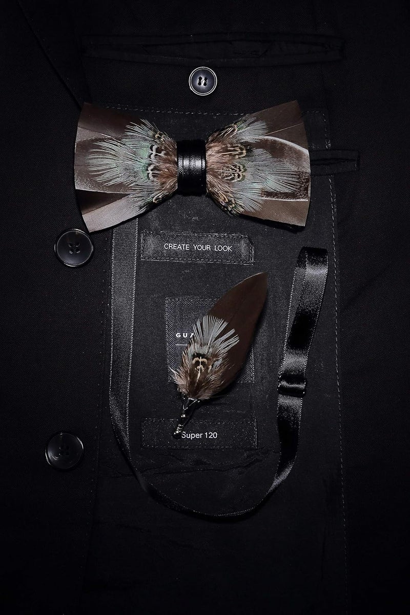 RBOCOTT Handmade Feather Pre-tied Bow tie and Brooch Sets for Men - Image 5