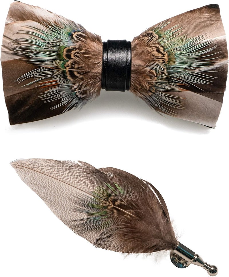 RBOCOTT Handmade Feather Pre-tied Bow tie and Brooch Sets for Men - Image 1