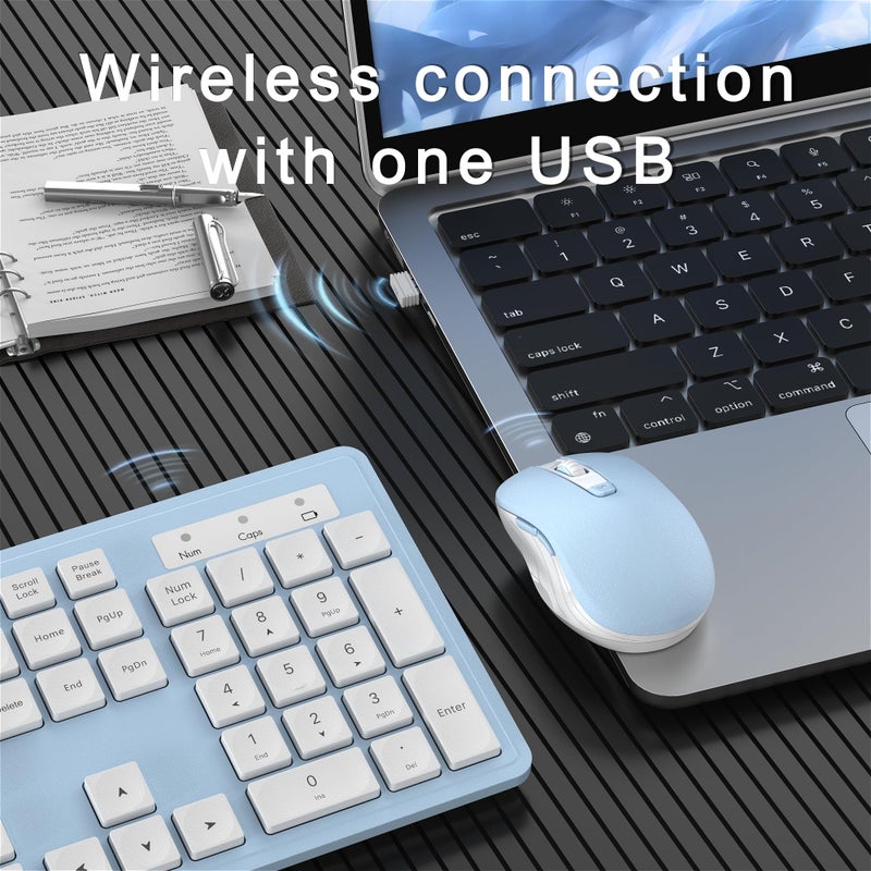 MPTOG Wireless Keyboard and Mouse Combo, Full-Size 104-Key Office Keyboard with 15 Function Keys, Numeric Keypad, Single USB Receiver, Compatible with PC and Laptop(Blue White) - Image 4