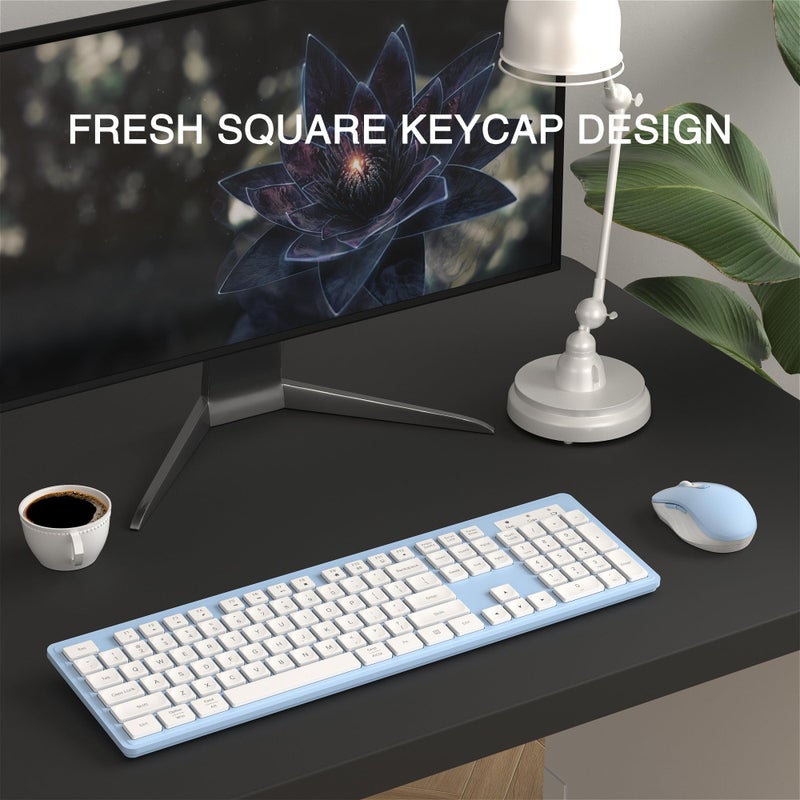 MPTOG Wireless Keyboard and Mouse Combo, Full-Size 104-Key Office Keyboard with 15 Function Keys, Numeric Keypad, Single USB Receiver, Compatible with PC and Laptop(Blue White) - Image 3