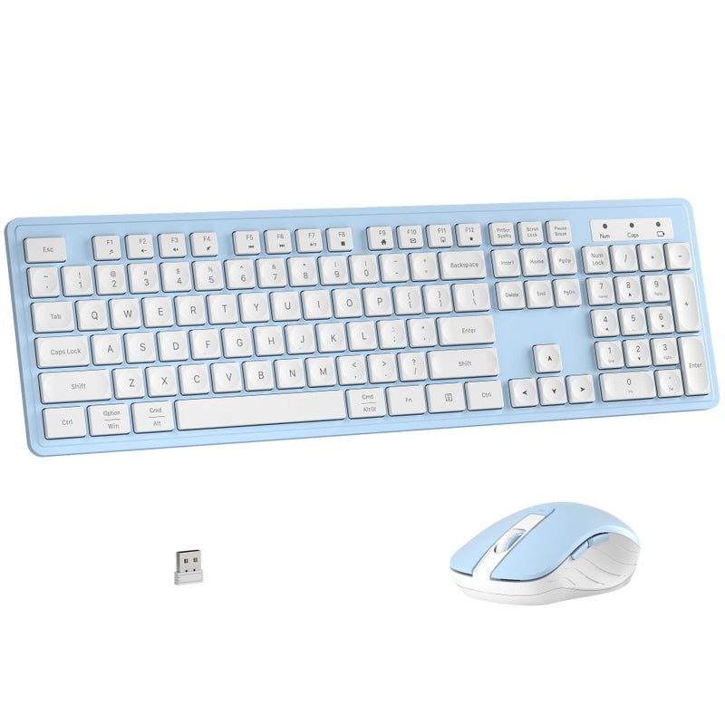 MPTOG Wireless Keyboard and Mouse Combo, Full-Size 104-Key Office Keyboard with 15 Function Keys, Numeric Keypad, Single USB Receiver, Compatible with PC and Laptop(Blue White) - Image 1