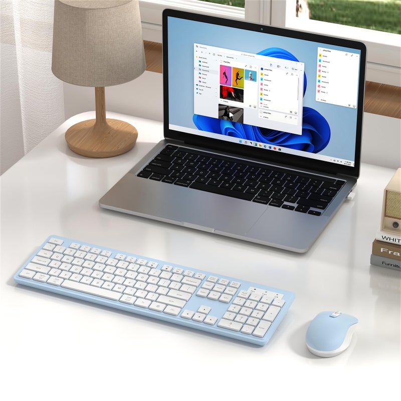MPTOG Wireless Keyboard and Mouse Combo, Full-Size 104-Key Office Keyboard with 15 Function Keys, Numeric Keypad, Single USB Receiver, Compatible with PC and Laptop(Blue White) - Image 2