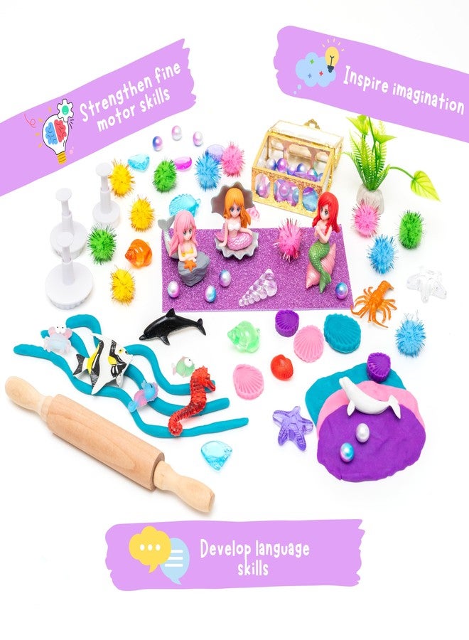Creative Mind Mermaid Sensory Playdough Kit for Kids (3 Jars), Toddler Ocean Sensory Bin with Shells, Pearls, Sea Animals, Molds & Roller Pin, Perfect Creative Play and Gift for Kids & Toddlers - Image 3