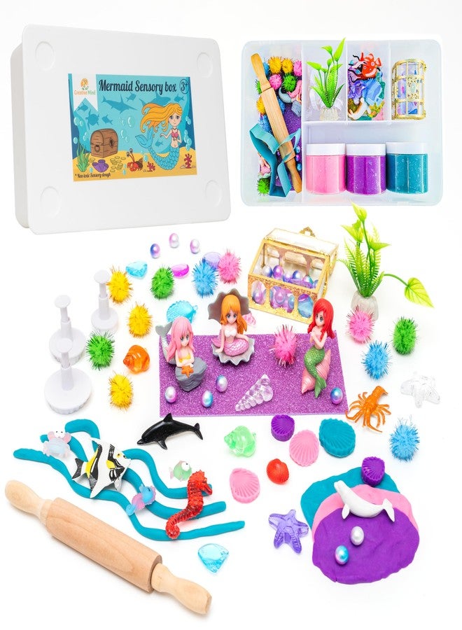 Creative Mind Mermaid Sensory Playdough Kit for Kids (3 Jars), Toddler Ocean Sensory Bin with Shells, Pearls, Sea Animals, Molds & Roller Pin, Perfect Creative Play and Gift for Kids & Toddlers - Image 1