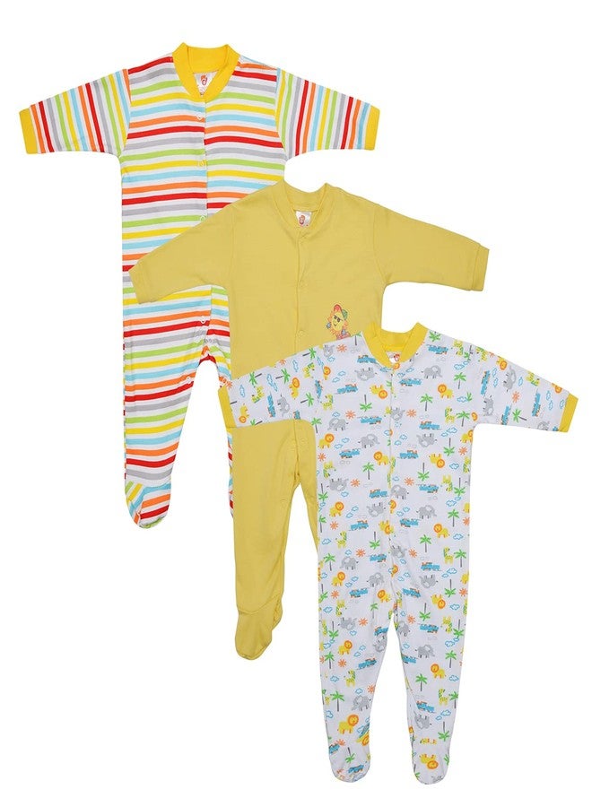Mini Berry Born Baby Multi-Color Long Sleeve Body Suit,Romper, Sleep Suit for Boys and Girls Pack of 3pcs Set (0-3 Months, Yellow) - Image 1