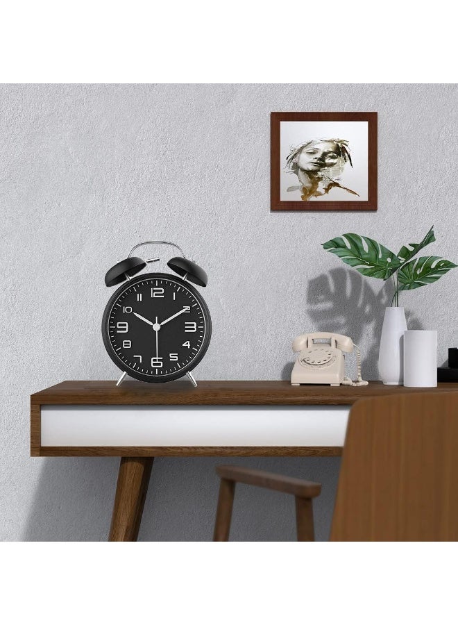 Loud Alarm Clock for Heavy Sleepers, Non-Ticking 4" Twin Bell Alarm Clock with Metal Frame & 3D Dial, Backlight Function – Desk Table Clock for Home and Office, Classic Black - Image 2