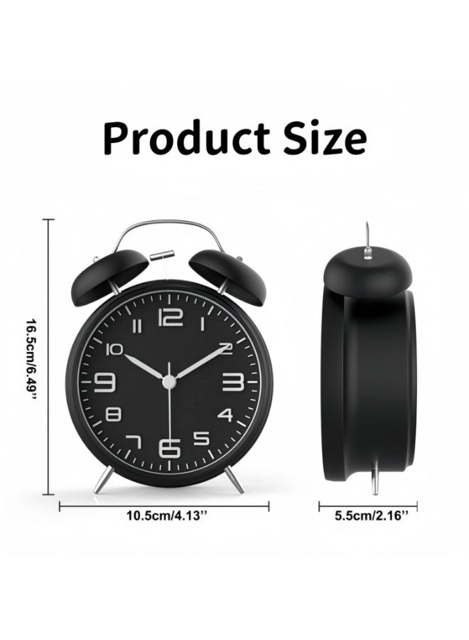 Loud Alarm Clock for Heavy Sleepers, Non-Ticking 4" Twin Bell Alarm Clock with Metal Frame & 3D Dial, Backlight Function – Desk Table Clock for Home and Office, Classic Black - Image 3