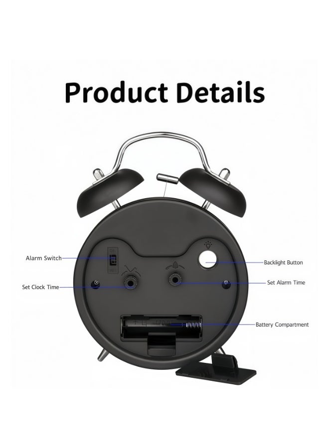 Loud Alarm Clock for Heavy Sleepers, Non-Ticking 4" Twin Bell Alarm Clock with Metal Frame & 3D Dial, Backlight Function – Desk Table Clock for Home and Office, Classic Black - Image 5