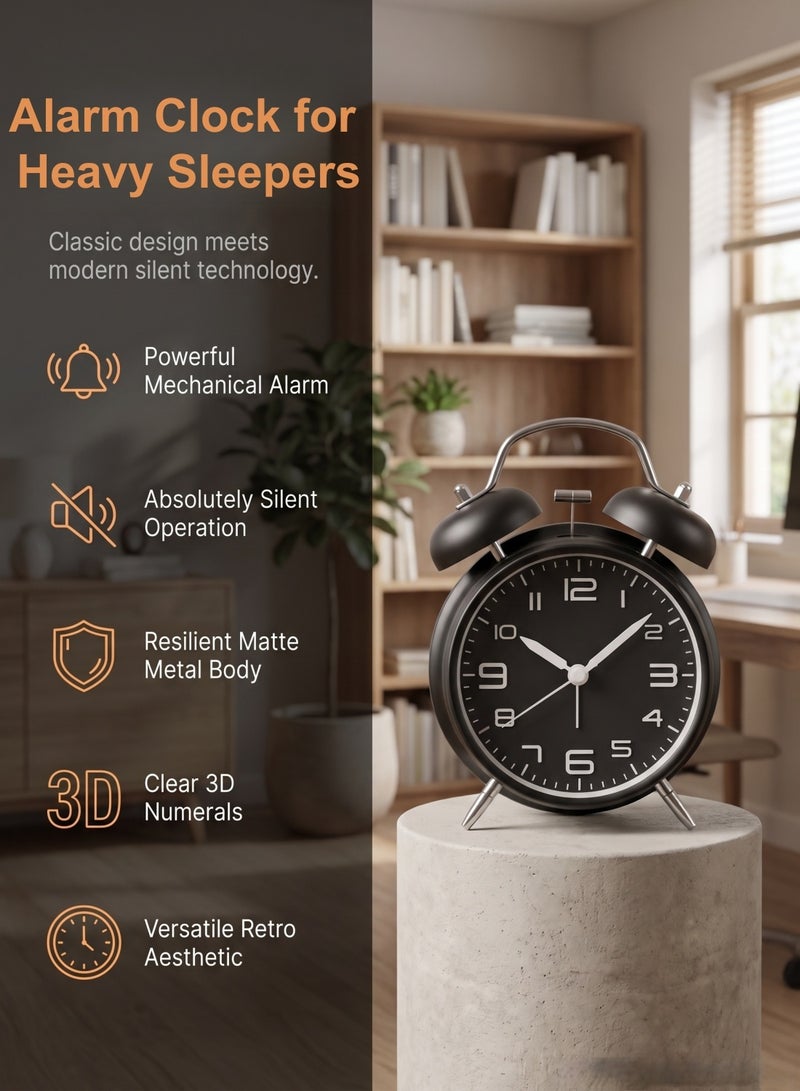 Loud Alarm Clock for Heavy Sleepers, Non-Ticking 4" Twin Bell Alarm Clock with Metal Frame & 3D Dial, Backlight Function – Desk Table Clock for Home and Office, Classic Black - Image 1