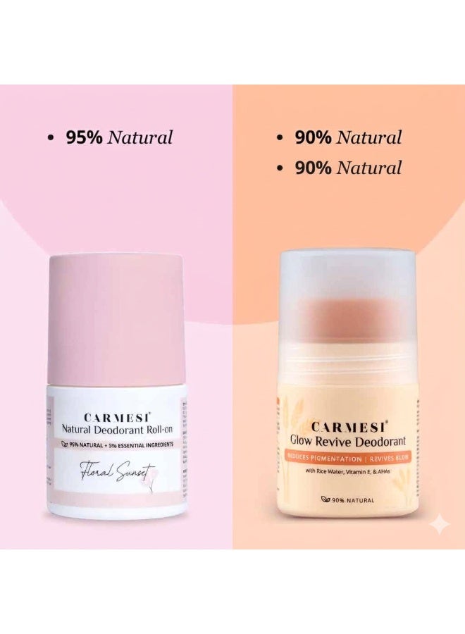 كارميسي مجموعة مزيل العرق الدوار لمنطقة تحت الإبط للنساء من Carmesi - إصداري "Glow Revive" و"Floral Sunset" (عبوتان سعة 50 مل) | يقلل من التصبغات ويتحكم في الروائح | لمنطقة تحت الإبطين تنعم بالانتعاش | يحتوي على 2% (وزناً/وزناً) من حمض الساليسيليك - Image 2