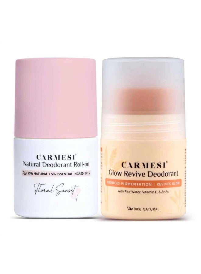 كارميسي مجموعة مزيل العرق الدوار لمنطقة تحت الإبط للنساء من Carmesi - إصداري "Glow Revive" و"Floral Sunset" (عبوتان سعة 50 مل) | يقلل من التصبغات ويتحكم في الروائح | لمنطقة تحت الإبطين تنعم بالانتعاش | يحتوي على 2% (وزناً/وزناً) من حمض الساليسيليك - Image 1