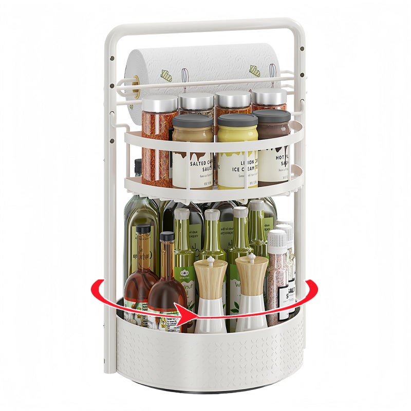 CLOKTA Rotating Spice Rack with Paper Towel Holder, 2 Tier Turntable Lazy Susan, Seasoning Organizer for Kitchen Countertop Cabinet, White - Image 1