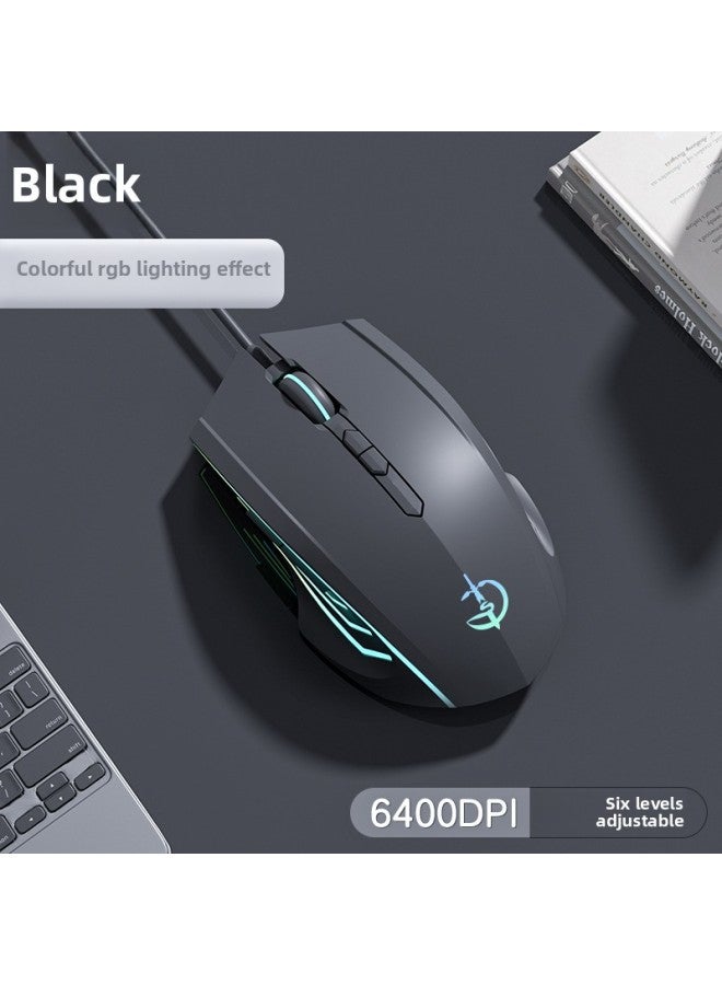 Mouse Wired Game E-sports Dedicated Silent Silent Mechanical Office Universal Suitable For Hp Lenovo Dell Computer-Color:Cool Black 【seven-on RGB Lighting Effect + Custom Macro + 6400DPI】】-Interface