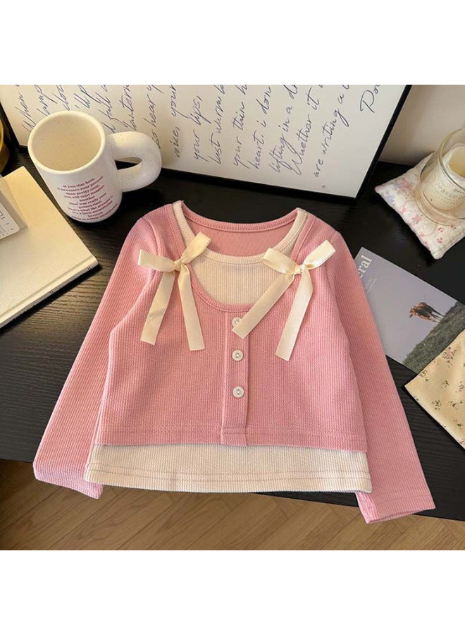 Girls' Sweet Fake Two-piece T-shirt Top  Spring New Children's Fashionable Stylish Long-sleeved Base Shirt Children's Wear