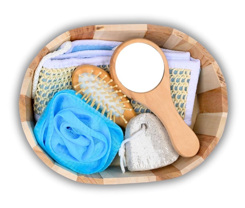 FYCAN 6 in 1 Bath Set Soft Small Wooden Brush Wooden Handle Mirror Bath Loofahs Sponges Soft Mesh Shower Puffs for Body Wash Bath Sponge Body Scrubs for Women Stone Pumice Removing Multi - Image 1