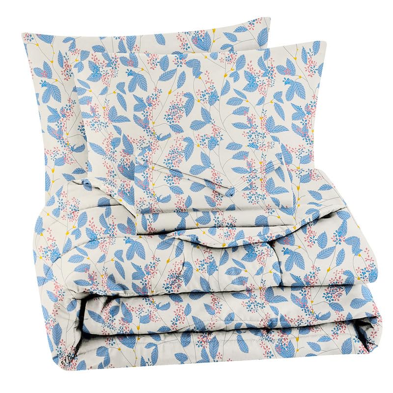 VAS COLLECTIONS Super Soft Glace Cotton King Size AC Comforter Wedding Gift Set with Bag for Double Bed with 1 Flat Bedsheet and 2 Pillow Cover Pastel Colours Blue White 4PC Comforter Set