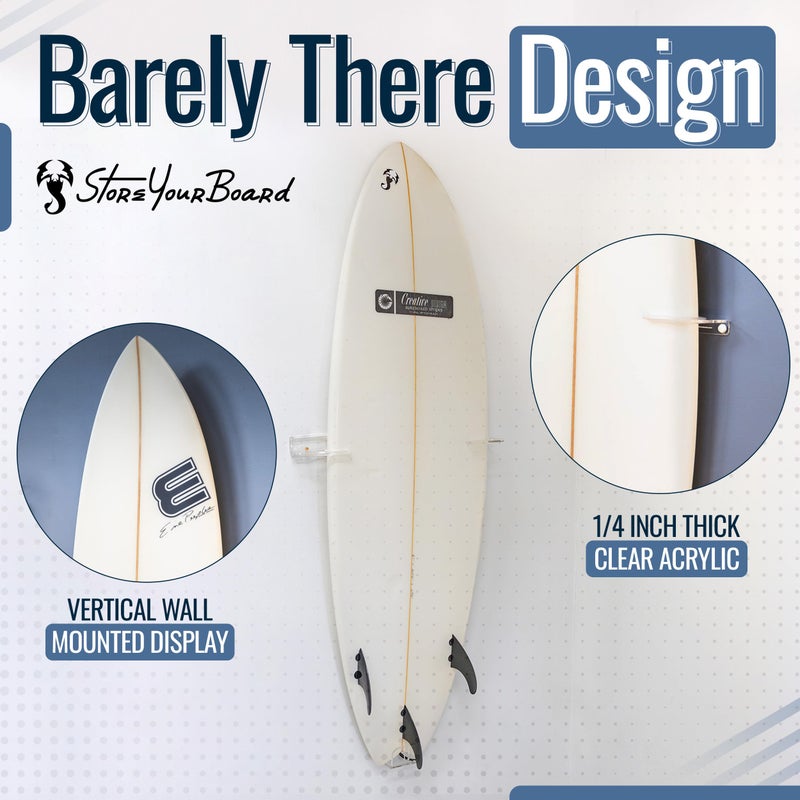 Storeyourboard Floating Surfboard Wall Mount  Clear Acrylic Surf Board Display  Indoor Surfboard Wall Decor  Vertical Surfboard Rack For Shortboards  Fish Boards  And Funboards  Holds 50 Lbs - Image 3