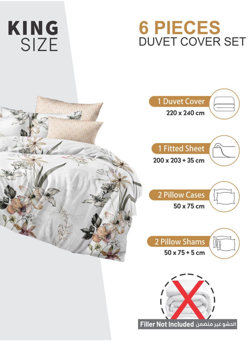 دوناتيلا - Duvet Cover Set 6-Pcs King Size Printed Bed Set Fits (200x200 CM) With Fitted Sheet Pillow Sham And Pillow Cases (Without Filler),Soft Peach - Image 1