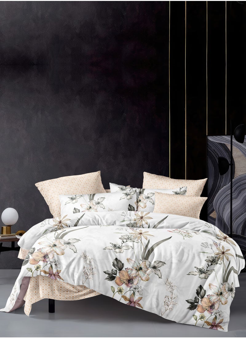 دوناتيلا - Duvet Cover Set 6-Pcs King Size Printed Bed Set Fits (200x200 CM) With Fitted Sheet Pillow Sham And Pillow Cases (Without Filler),Soft Peach - Image 1