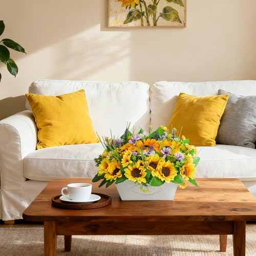 Scawim Pre-made Sunflower Centerpieces for Tables, Farmhouse Artificial Sunflowers Centerpieces in Pot Fake Sunflowers Arrangement for Home Decor, Rustic Potted Greenery for Wedding Party Kitchen Room - Image 5