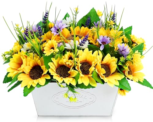 Scawim Pre-made Sunflower Centerpieces for Tables, Farmhouse Artificial Sunflowers Centerpieces in Pot Fake Sunflowers Arrangement for Home Decor, Rustic Potted Greenery for Wedding Party Kitchen Room - Image 1