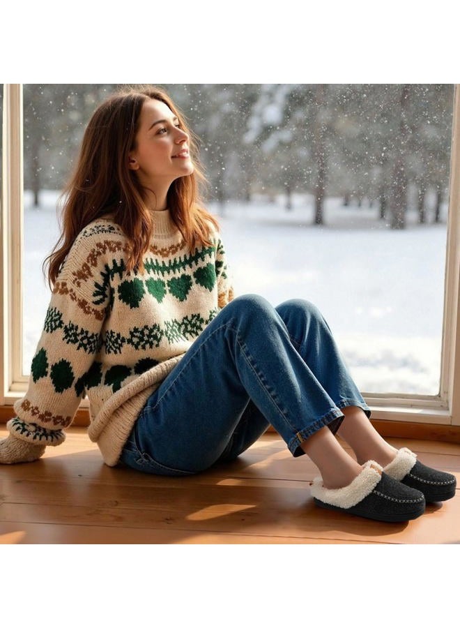 LongBay Women's Wool Felt Sherpa Memory Foam Slippers with Plush Fleece Lining Slip on Moc Clogs Indoor Or Outdoor (Medium / 7-8, Black) - Image 2