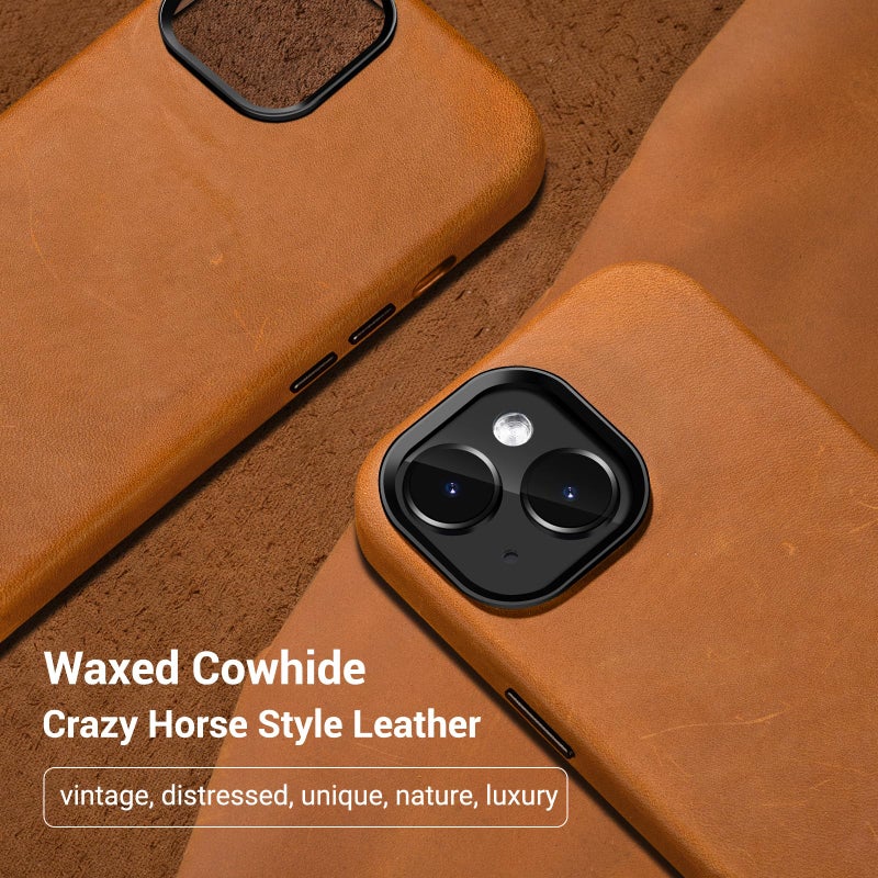 Belemay Compatible with iPhone 13 Leather Case Magsafe - Top Grain Vintage Crazy Horse Leather - Metal Buttons & Camera Bezel Bump - Slim Fit & Soft Feel - Premium Phone Cover (6.1-inch) Tan Brown - Image 2
