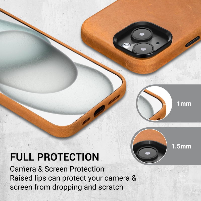 Belemay Compatible with iPhone 13 Leather Case Magsafe - Top Grain Vintage Crazy Horse Leather - Metal Buttons & Camera Bezel Bump - Slim Fit & Soft Feel - Premium Phone Cover (6.1-inch) Tan Brown - Image 4