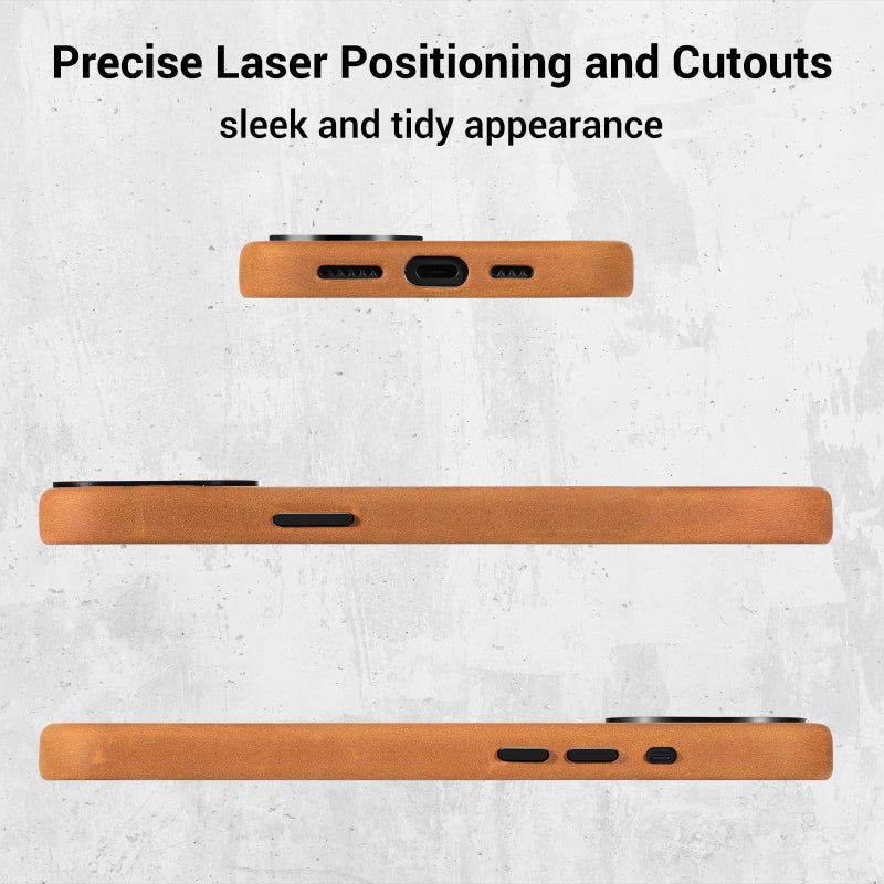 Belemay Compatible with iPhone 13 Leather Case Magsafe - Top Grain Vintage Crazy Horse Leather - Metal Buttons & Camera Bezel Bump - Slim Fit & Soft Feel - Premium Phone Cover (6.1-inch) Tan Brown - Image 5