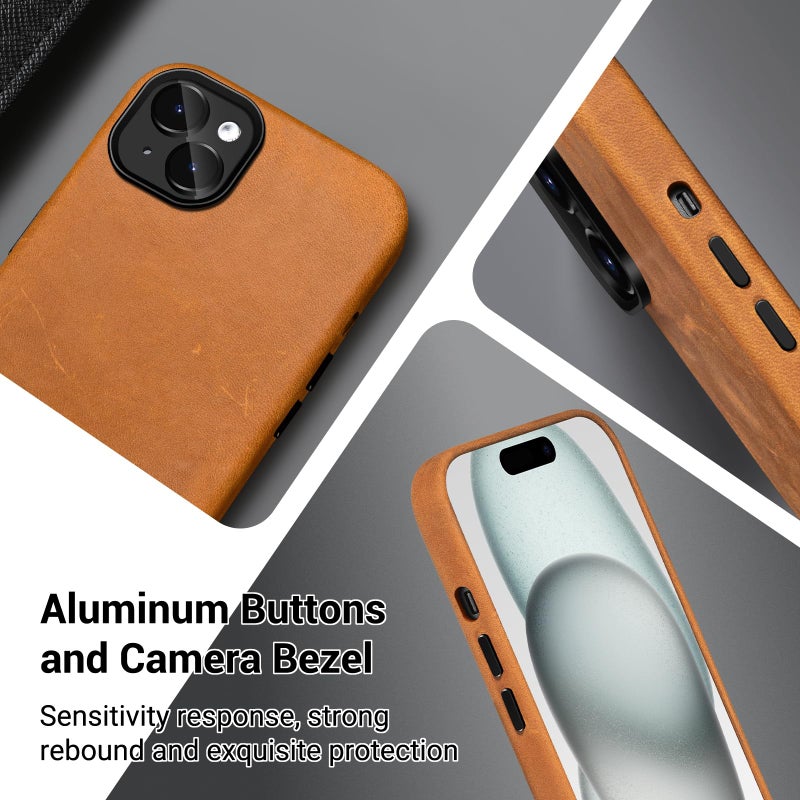 Belemay Compatible with iPhone 13 Leather Case Magsafe - Top Grain Vintage Crazy Horse Leather - Metal Buttons & Camera Bezel Bump - Slim Fit & Soft Feel - Premium Phone Cover (6.1-inch) Tan Brown - Image 3